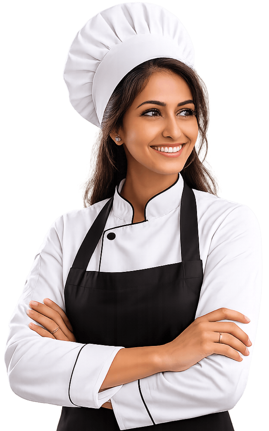 Jini, founder of Jini's Goodies, arms crossed in her chef whites