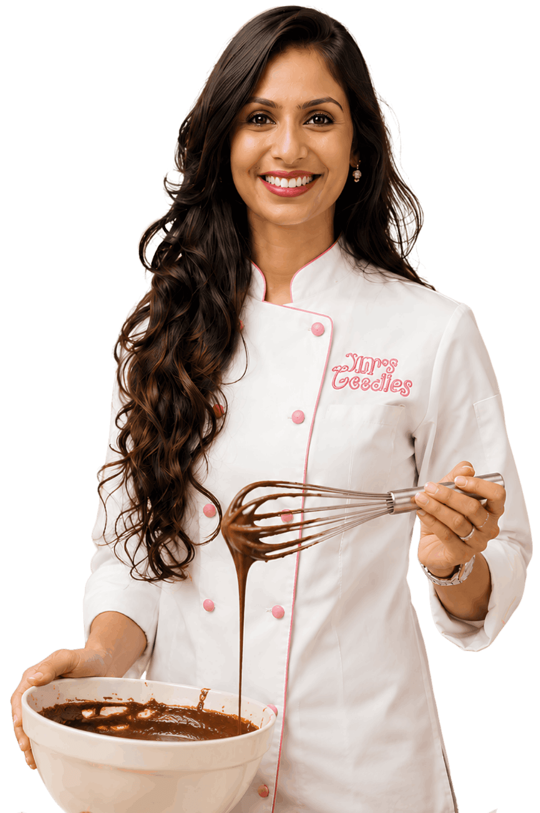 Jini holding a freshly frosted chocolate cake in her baking studio