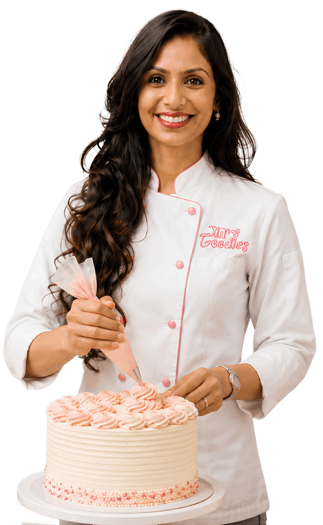 Jini, founder of Jini's Goodies, smiling while frosting a cake